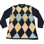 Vintage Women’s Koret‎ Argyle Sweater Floral Navy Pink Medium Blue Photo 0