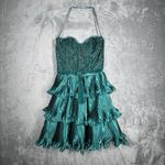 Betsey Johnson  Dress Women 2 Emerald Green Bustier Dress Tiered Ruffle Gold Lace Photo 1
