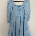 Blue Large Smocked Swing Mini Skater Dress Tiered Square Neck Long Sleeve Photo 1