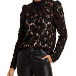 WAYF Size L Erika Black Puff Sleeve Lace Top Neck Bow Tie Sheer Sexy Long Sleeve Photo 0