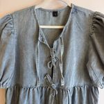 SheIn Womens Tie Front Denim A-Line Mini Dress Round Neck Puff Sleeve Pockets Size L Photo 3