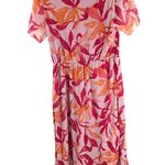 Leota Womens Midi Mesh Dress Leaf Print Short Sleeve V-Neck Ruffle Skirt Pink L Photo 3