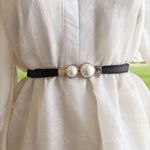 Thin Double Faux‎ Pearl Buckle Solid Color PU Leather Waist Thin Belt One Size Black Photo 15