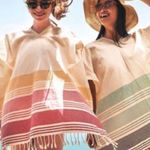 Tribe Alive Handmade Cotton Stripe Fringe Kaftan Poncho in Ivory/Pink OS Photo 1