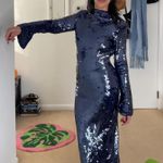 Navy blue sequin maxi dress with long sleeves & high neck. self portrait, size 0 Photo 2