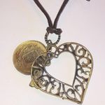 Brown & Gold Tone Suede Chain Heart French Coin Key Pendant Boho Necklace Photo 5