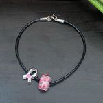 Sterling Silver IBB 925 Pink Ribbon Flower Murano Glass Skinny Leather Bracelet Photo 0