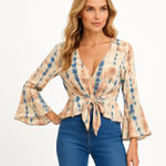 Venus  NEW Tie Dye Boho Indigo Beige Rust Top Front Bell Sleeve Casual Loose XL Photo 0