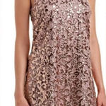 Badgley Mischka NWT BELLE  Rose Gold Sequin Crochet Pink Shift Dress Size 4 Photo 0