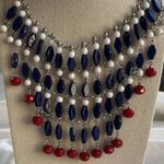 Vintage Patriotic USA Red White Blue Silver Tone Women’s Chain Necklace Sz 22 in Photo 1