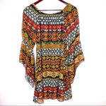 Voll Off The Shoulder Multi Print Shift Dress Split Handkerchief Sleeve Small Orange Photo 12