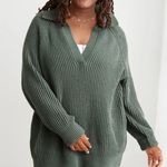 Aerie  Sugar Rush Chenille Sweater in Green Size Small V Neck Collared Photo 0