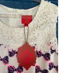 Bow Print Lace Neck Dress Ivory Pink Navy Sleeveless Women's M , Deep or Shallow White Size M Photo 2