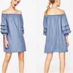 ZARA Woman Soft Off The Shoulder Denim Flowing Puff Sleeves Dress Photo 1