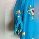 Fig & Flower Teal Blue Chiffon Floral Embroidered Roll Tab Sleeve Blouse LP Size undefined Photo 3
