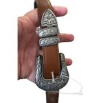 Brushed silver buckle smooth leather belt Brown Photo 1