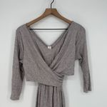 AMADI Wrap Knit Midi Dress Taupe Long Sleeve V Neck Ruched Casual Size S Gray Photo 2