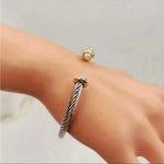 . Women’s Silver Cable Cuff Bangle – Pearl & Gold Crystal End Bracelet Photo 0