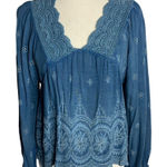 Rachel Zoe Embroidered Peasant Top S Blue Balloon Sleeve V Neck Eyelet Rayon Photo 0