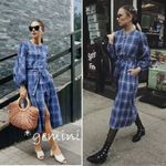 Zara Plaid Midi Dress Belted Balloon Sleeve Blue Size Small blogger favorite Photo 1