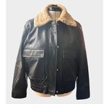 French Connection  Vegan Leather Bomber Jacket Shearling Collar Snap Closure Photo 0