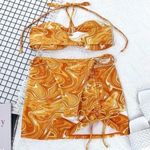 Orange White Abstract Fluid Pattern Halter Bikini Swimsuit 3 Piece Photo 5