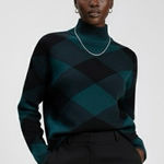 Tahari Sweater Womens XS Green Black Argyle Mock Neck Old Money Preppy Career Photo 0