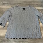 Preswick & Moore Size XL Boho Style Shirt with Scalloped Bottom, pit to pit is 23. Length is 25, black embroidery, shirt is white and gray Photo 0