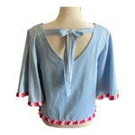 Buffalo David Bitton Crystal blue chambray top, trimmed with colorful fringe, ties in back, excellent condition, size medium  Measurements: Bust: armpit to armpit 19 inches  Length: shoulder seam to bottom 21 1/2 inches Photo 4