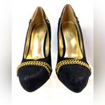 Shoe Dazzle 6.5 Platform Faux Suede Black Stiletto Heels with Gold Chain Accents Photo 2