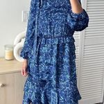 Sachin & Babi Dress Womens 2 Brielle Floral Print Tiered Tie Neck Satin Midi Blue Photo 3