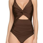 DKNY  One Piece‎ Womens Small Brown Twisted Knot Ruched Swimsuit Beachwear Photo 0