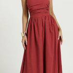 Showpo Polly Midi Dress-Strapless Ruched Dress in Red Photo 0