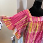 BeachLunchLounge  Square Neck Plaid Flutter‎ Sleeve Blouse Pink Yellow Orange XL Photo 2