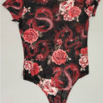 Black Red Dragon Rose Roses Floral Print Mesh Short Sleeve Shirt Top Blouse Bodysuit Teddy Onesie Size S 🌹✨ Photo 0
