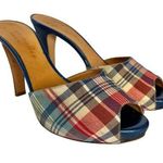 Bettye Muller Roulette Platform Slide Heels - Tartan Plaid Metallic Blue Mules Photo 0