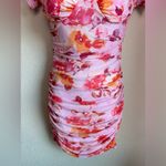 Privy Pink Floral Ruched Corset Mesh Overlay Bodycon Mini Dress L Photo 4