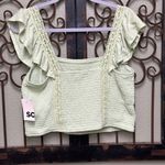 SO  square neck green smocked crop top with ruffle and lace sleeve straps Photo 1