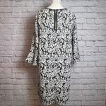 Madison Black White Floral Shift Dress Faux Leather Trim Women's Large Photo 3