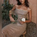 House Of CB NWOT  'Alondra' Cafe Au Lait Beaded Maxi Dress sz L Photo 6