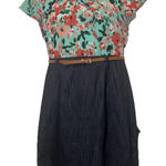 ALYX Dress Turqoise Floral/Denim Ruffle Cap Sleeve w/ Empire Waist Belt Size 14 Photo 0