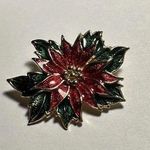 Signed SFJ Red / Green Enamel Poinsettia Flower Christmas Gold Tone Brooch Pin Photo 0