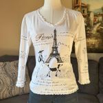 CACTUS Vintage Y2K White Black Paris Eiffel Tower V Neck Graphic Long Sleeve Top Size L Photo 0