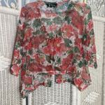 Nina Leonard Floral Open Knit Cardigan Red Green Button Front Lightweight Topper Photo 1