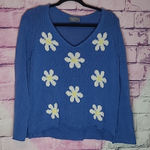 Wooden Ships ANTHRO BLUE KNIT WITH DAISY FLORAL PRINT V NECK SWEATER S/M Photo 0