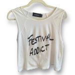 MINKPINK Tank Top White Cropped Festival Addict Black Graphic Scoop Neckline Photo 3