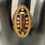 Statement Cocktail Ring Rectangle Red Gemstone Clear Crystal Accents Size 9.25 Gold Photo 2