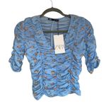 ZARA NWT Blue Tulle Print Floral Ruched Top Blouse Small Photo 7