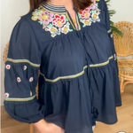 Piper & Scoot  Dance With Me Tiered Floral Embroidered Boho Peasant Top Navy Blue Photo 0