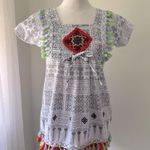 White & Black Tasseled Square Neck Short Sleeve Blouse Made in Thailand Size XS Photo 1